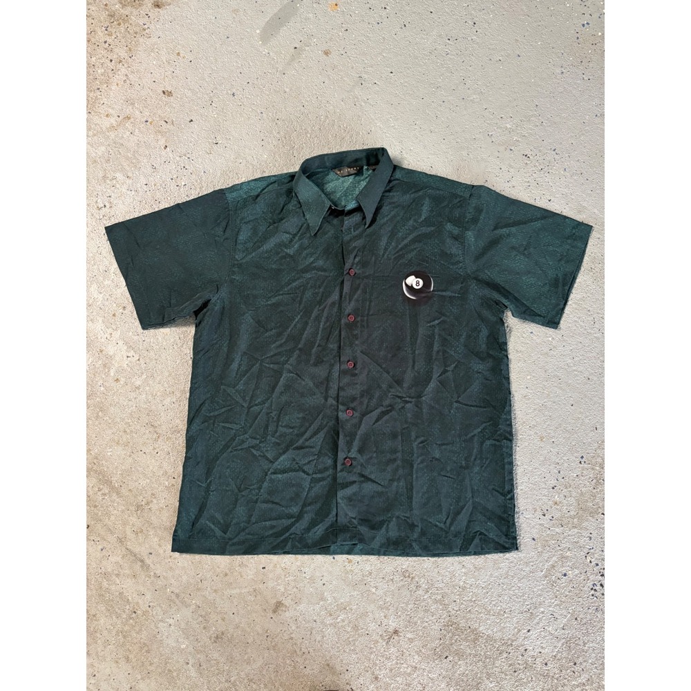 M.E. Sport Mens Large Forest Green 8 Ball Billiards Graphic Button Down Shirt